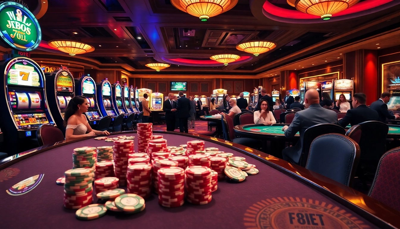 Experience the excitement of F8bet with vibrant casino tables and players engaging in thrilling games.