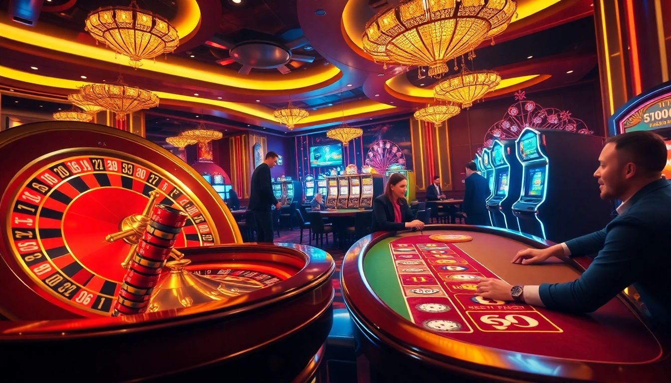 Découvrez l'excitation du meilleur casino en ligne avec des joueurs à des tables vibrantes et une roue de roulette.