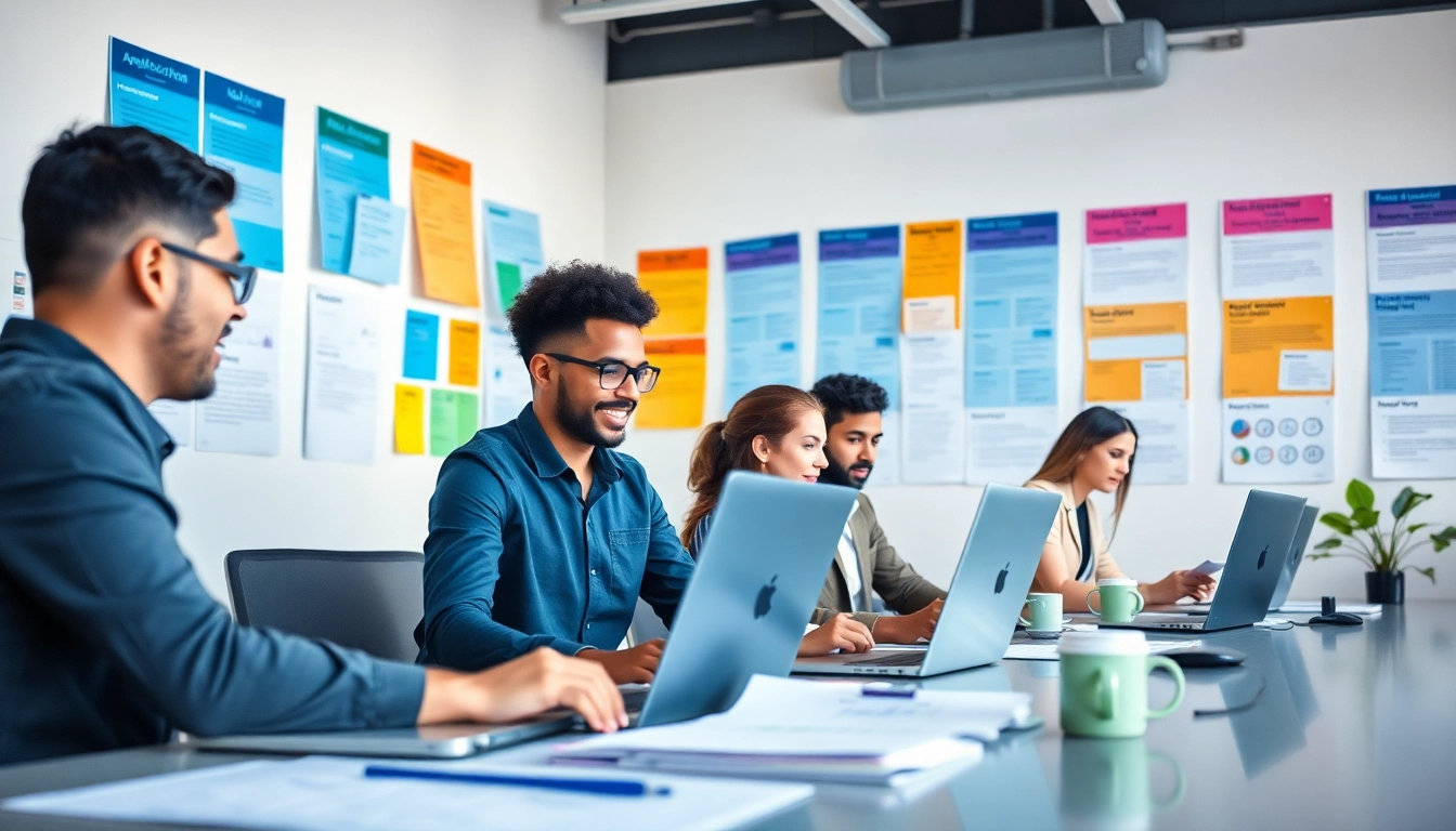 Engaging scene showcasing a free job post process with professionals collaborating in an energetic setting.