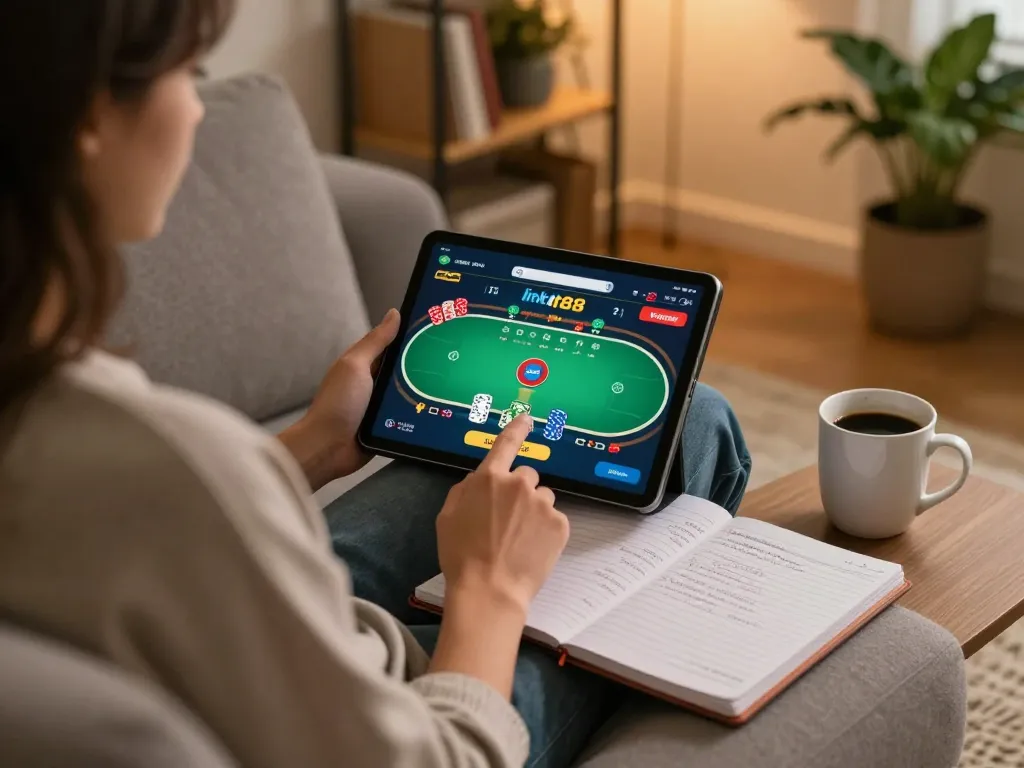 Tham gia chơi poker trực tuyến trong khi sử dụng link m88 không bị chặn để truy cập không bị chặn, thể hiện cách chơi chiến lược.