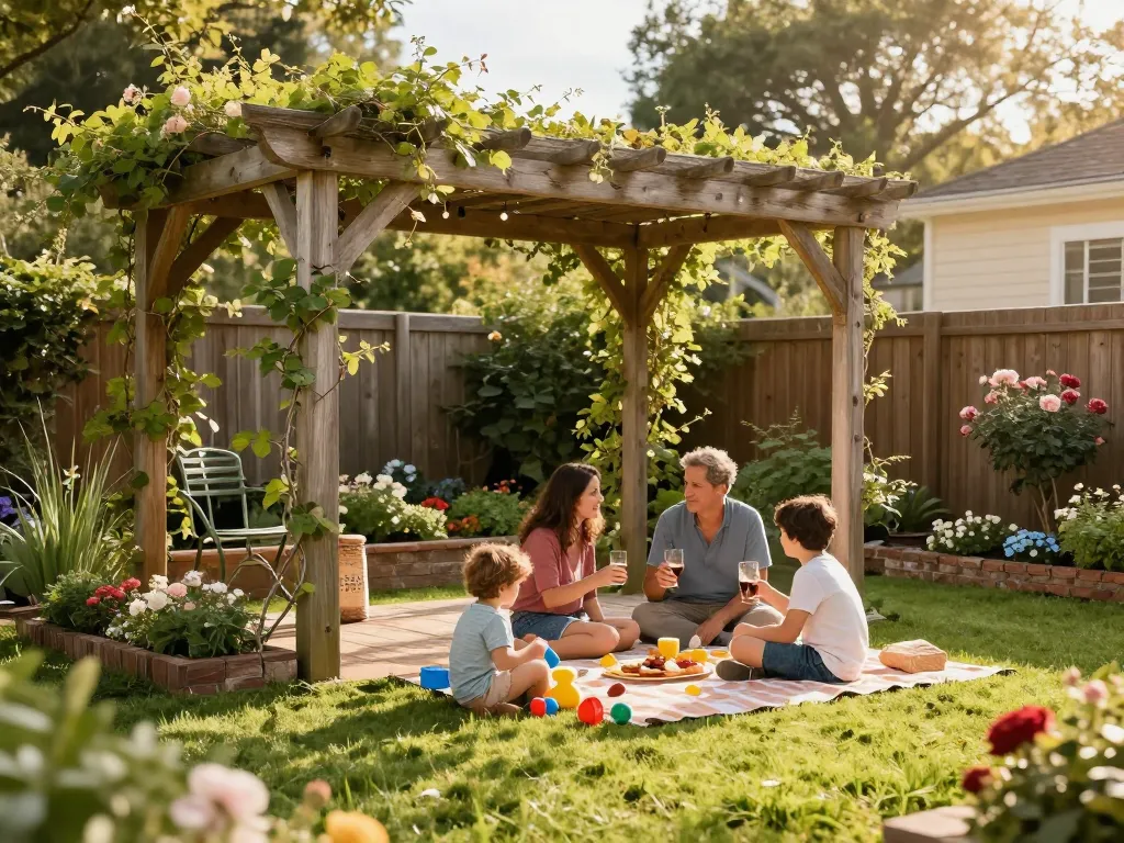 Family enjoying time under an online pergola configurator designed pergola in a lush garden setting.