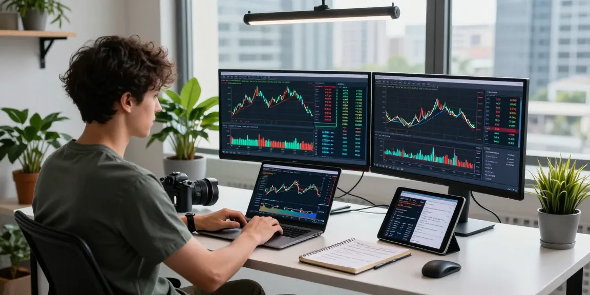 Dynamic crypto price tracker workspace with professional analyzing data on multiple screens and notes.