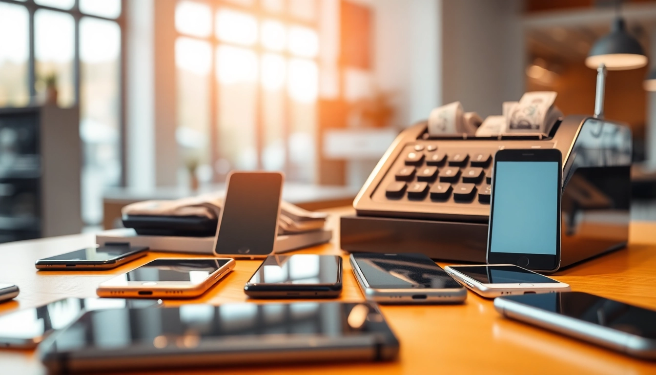Cash for phone transaction featuring smartphones and cash register for a seamless exchange experience.