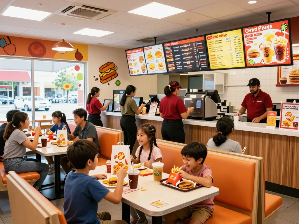Fast food prices displayed on colorful menu boards in lively restaurant.