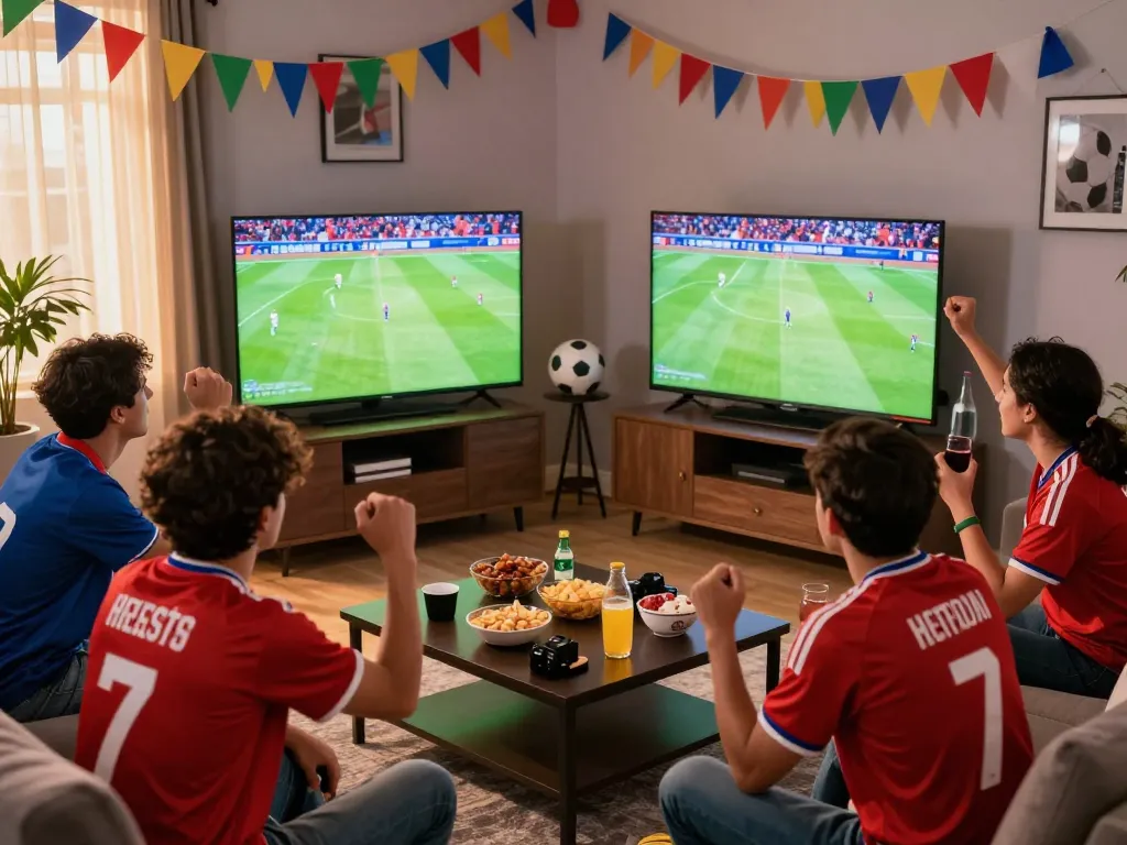 Exciting moment of fans enjoying Cakhia tv football match in a lively living room