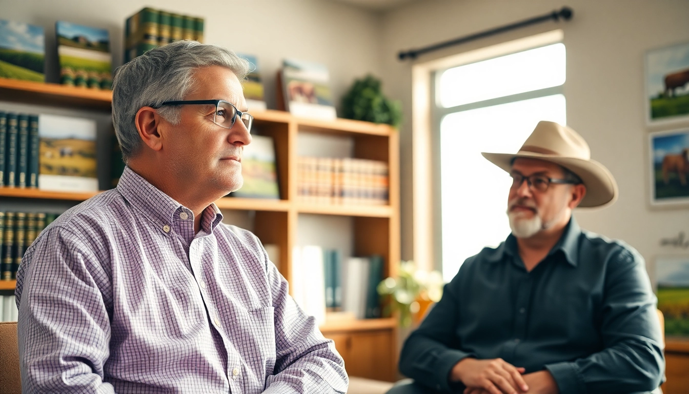 Attorney discussing agriculture law with a farmer in a professional setting.