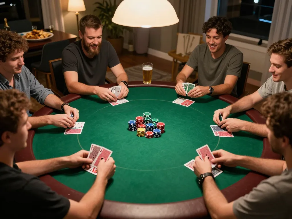 Engaging home poker night with friendly competition and strategic gameplay featuring giường bệnh nhân elements in the setting