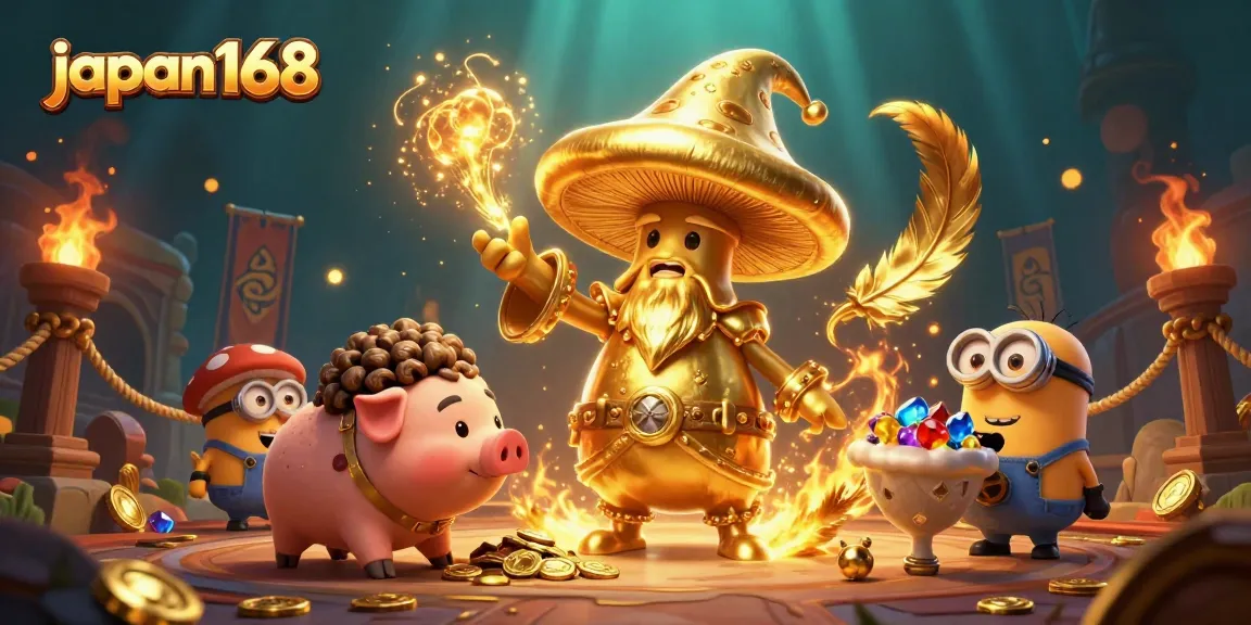 Experience thrilling wins at japan168 with a magical 3D casino illustration featuring golden treasures and intriguing characters.