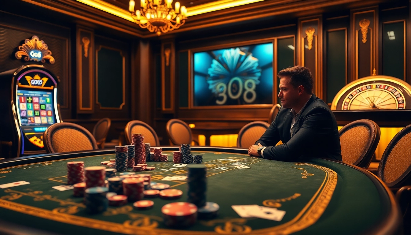 Go8 gaming table with poker chips and cards, showcasing high-stakes excitement.