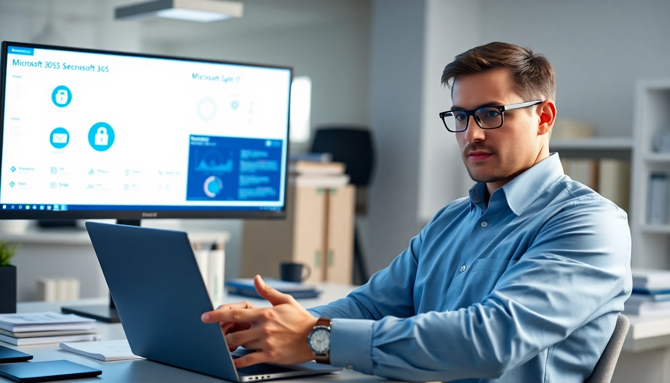 Analyze Microsoft 365 Security & Compliance while reviewing cybersecurity data in a professional office.