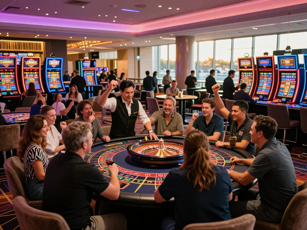 Players engaging in exciting gameplay at TG88 casino, with vibrant roulette tables and joyful celebrations