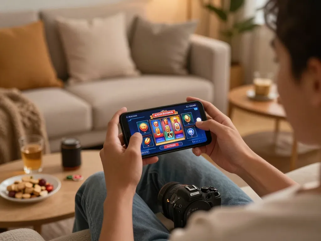 gori77 player enjoying online casino gaming on mobile app in cozy home atmosphere