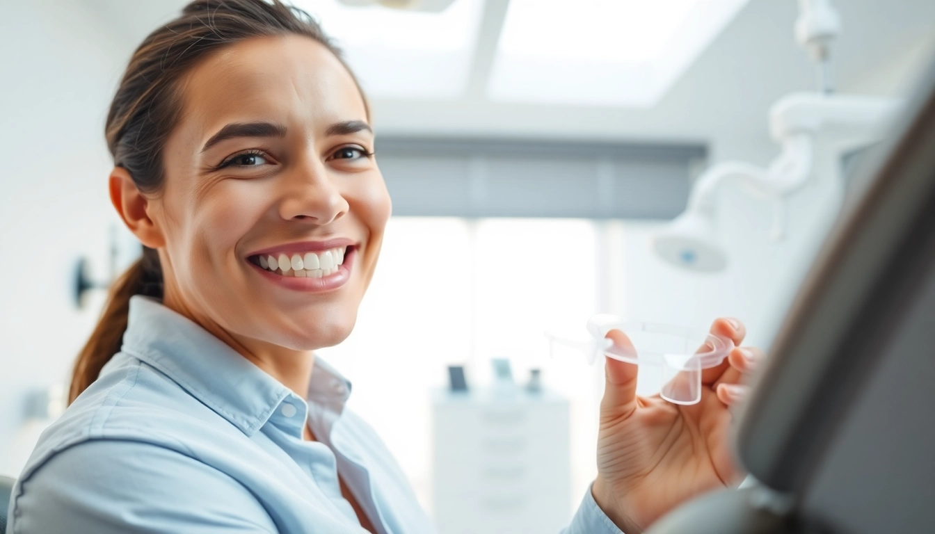 Invisalign for adults Hawthorn shown on a professional smiling with clear aligner in a modern dental office.