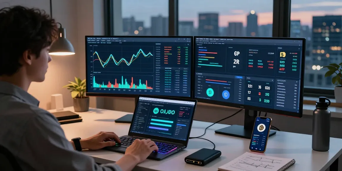 Cloud mining site with advanced crypto trading setup showcasing Bitcoin charts and DeFi dashboards in a professional workspace.