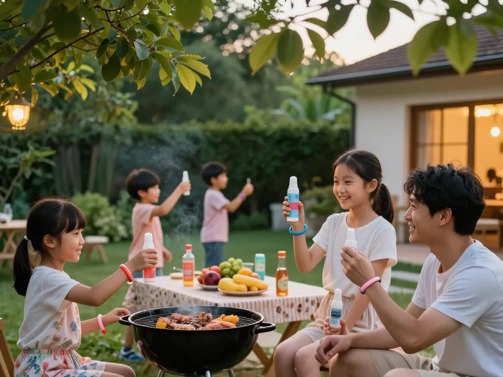 Family enjoying a summer barbecue with the best mosquito repellent, showcasing effective outdoor protection.