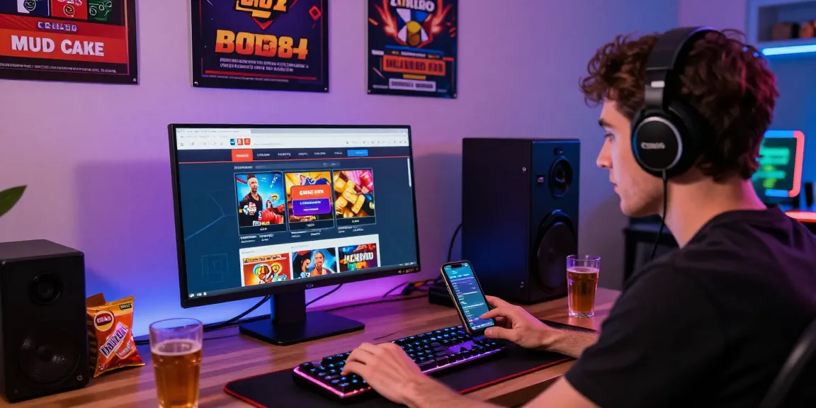 Engaged player at a computer enjoying credit card casinos on https://pavilions.org.uk, showcasing excitement in a vibrant gaming setup.
