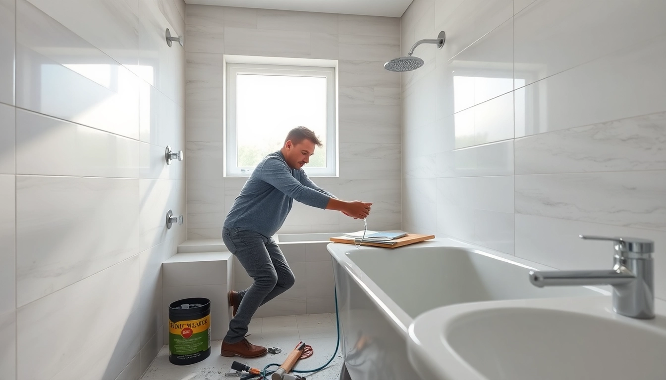 Bathroom installer expertly fitting a new bathtub with modern fixtures and tools.