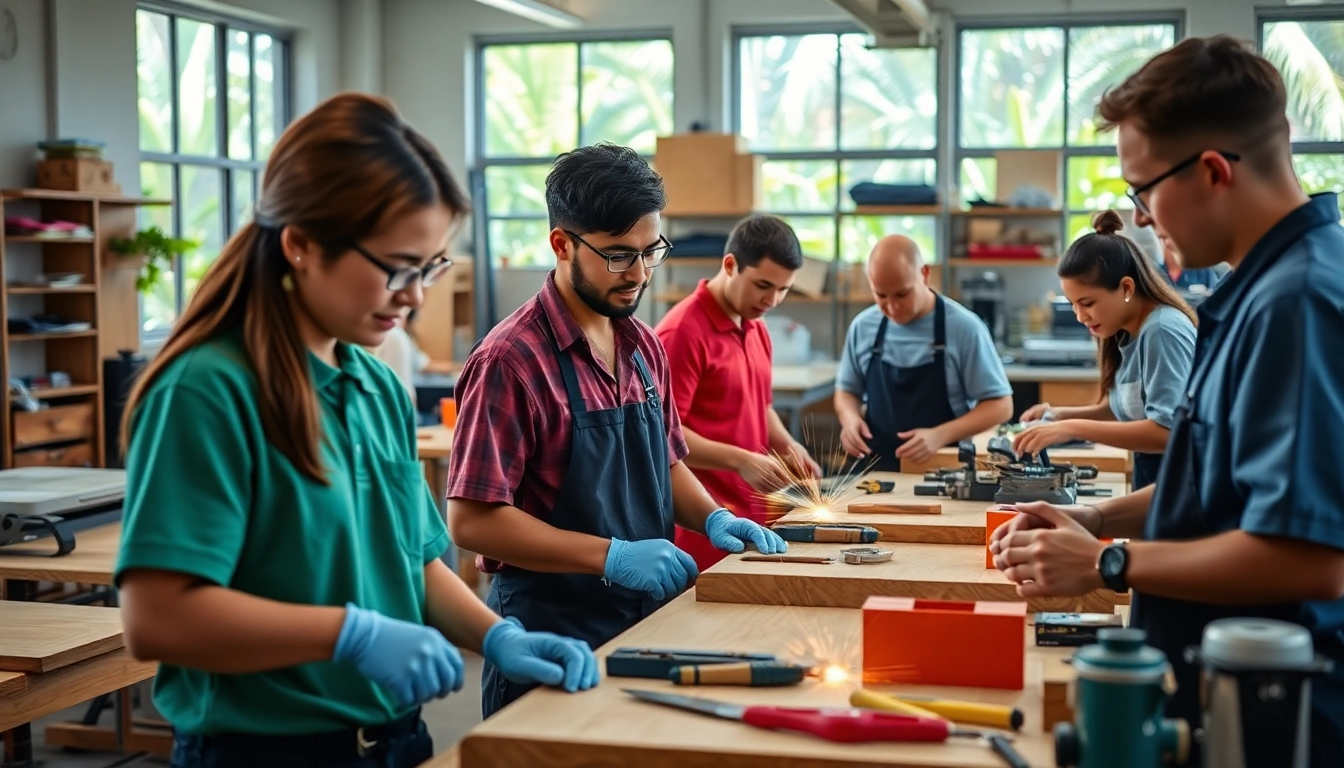 Students participating in trade schools in Hawaii, collaborating on hands-on training projects.