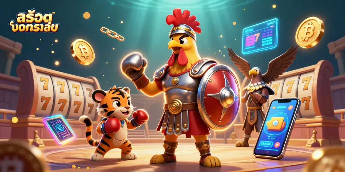 Engage in สล็อตทดลองเล่น as a gladiator rooster takes center stage amidst a vibrant casino scene.