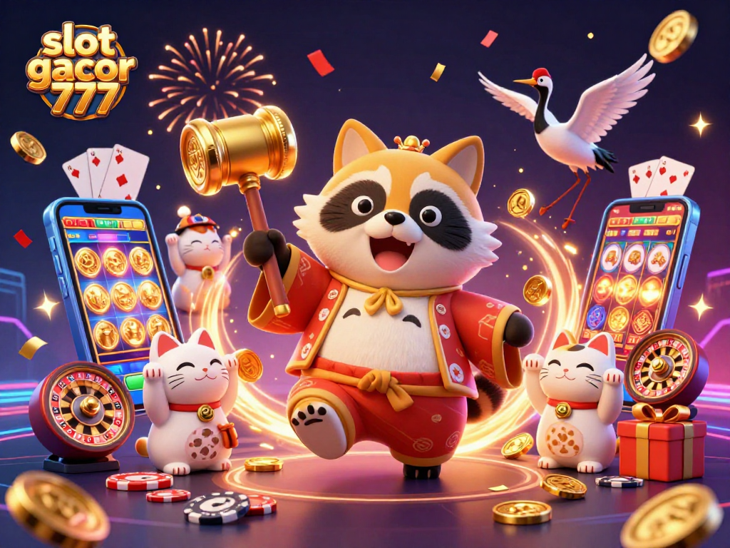 Experience the excitement of slot gacor 777 with cheerful characters amidst vibrant casino elements.