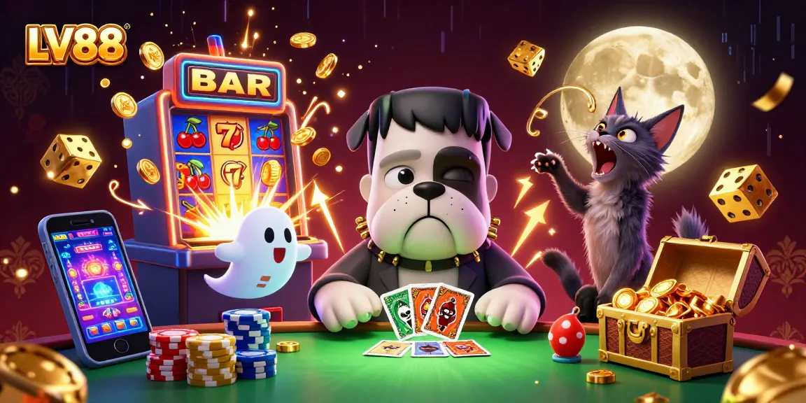 Experience thrilling LV88 action with a Frankenstein bulldog dealer, coins and jackpots exploding in a lively casino scene.