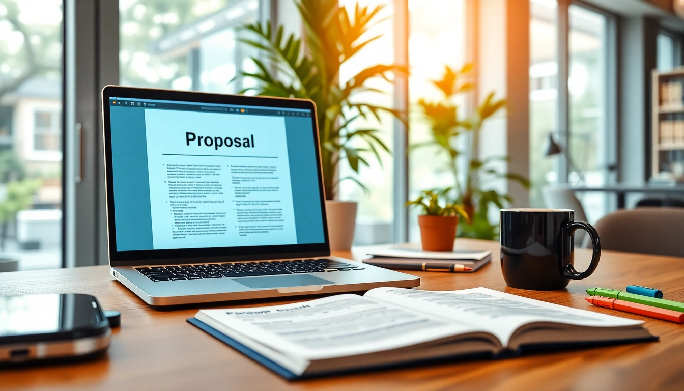 Engaging visual highlighting Proposal Writing and Management with a professional setting and essential tools.