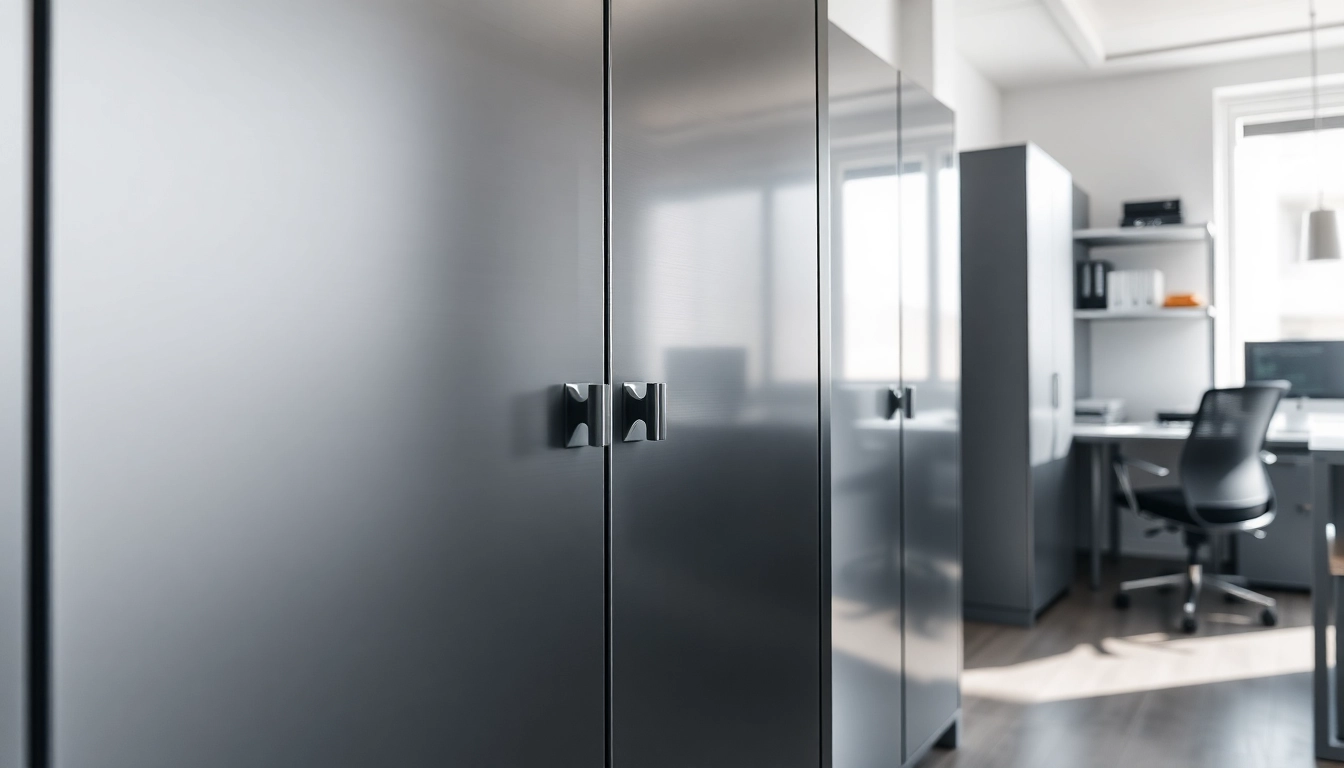 Organized steel cabinet enhancing office storage and workspace efficiency.