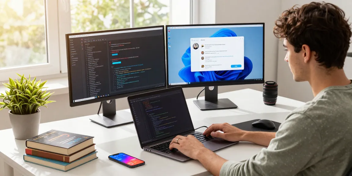 Developer focused on 纸飞机下载 at a modern workspace, coding with vibrant interface screens and tech gadgets.