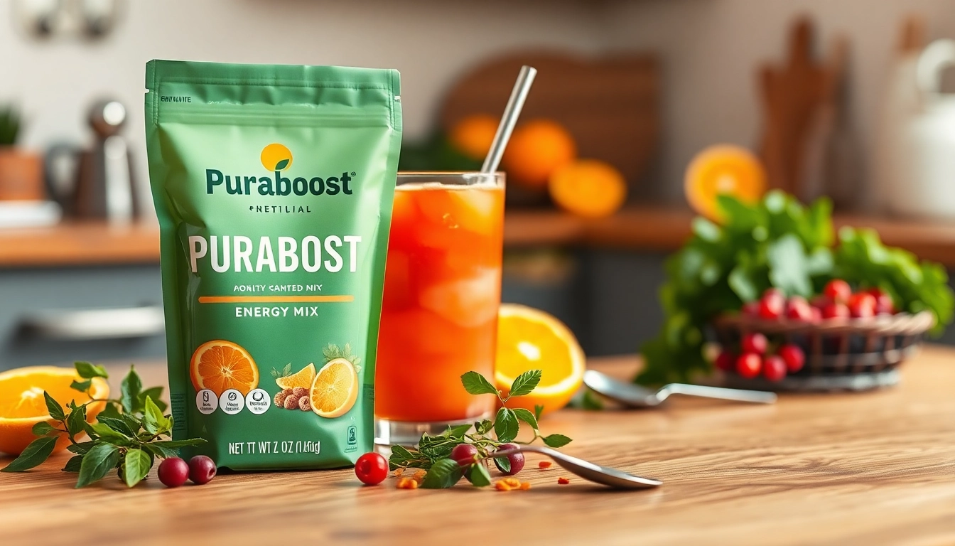 Puraboost energy drink mix showcasing freshness and natural ingredients in a vibrant kitchen setting.