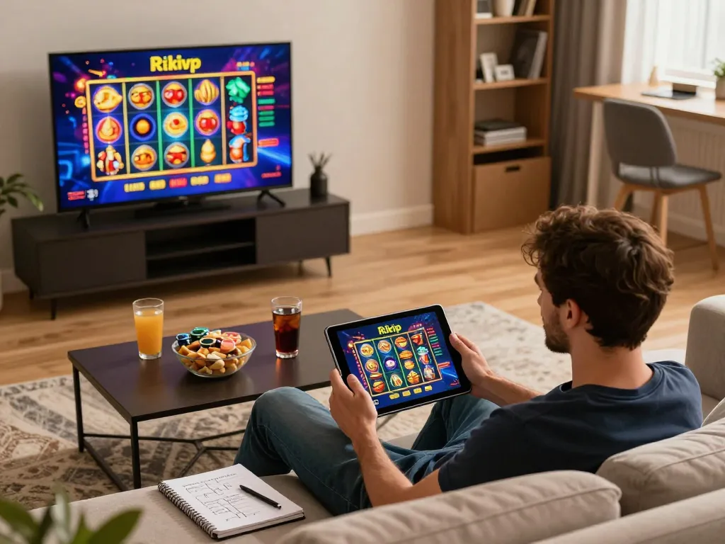 Engaging in rikvip online gaming on a tablet in a cozy home setting, showcasing strategy and enjoyment.