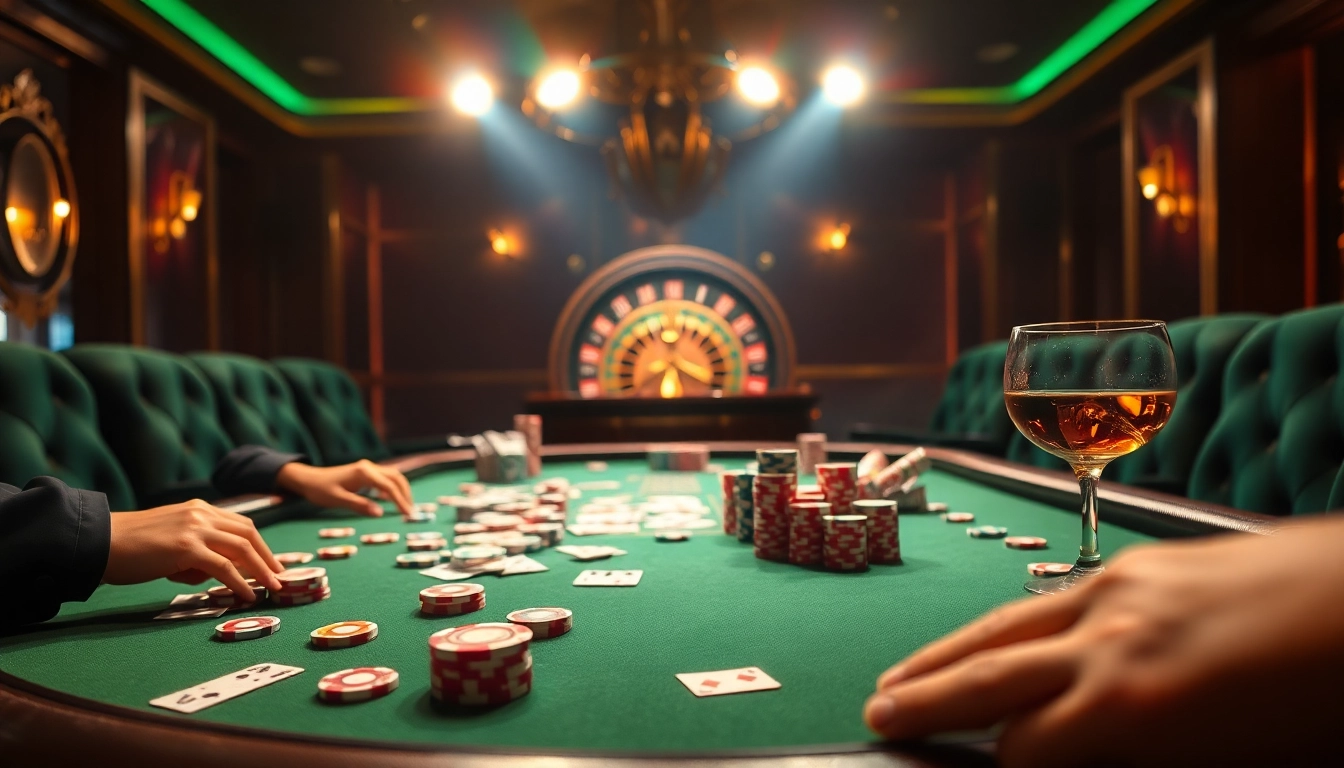 Pemain yang terlibat dalam permainan judi poker dengan chip berwarna-warni dan kartu elegan.
