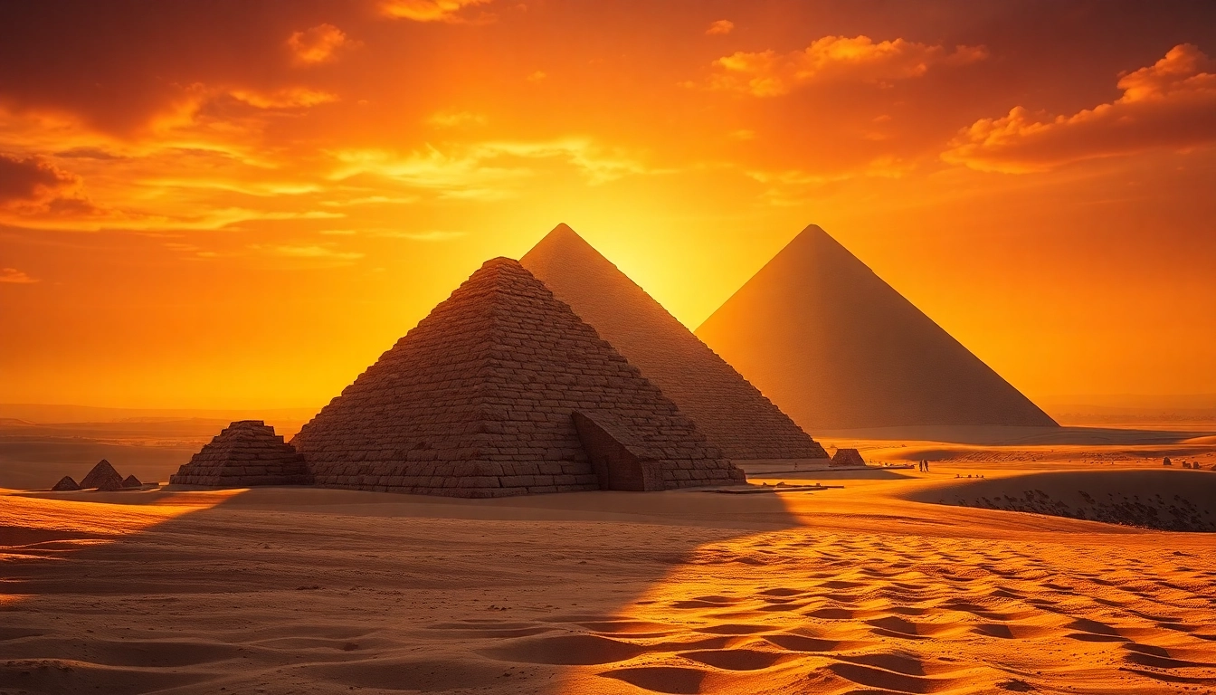 Explore a stunning view of the piraminds against a sunset sky highlighting their grandeur.
