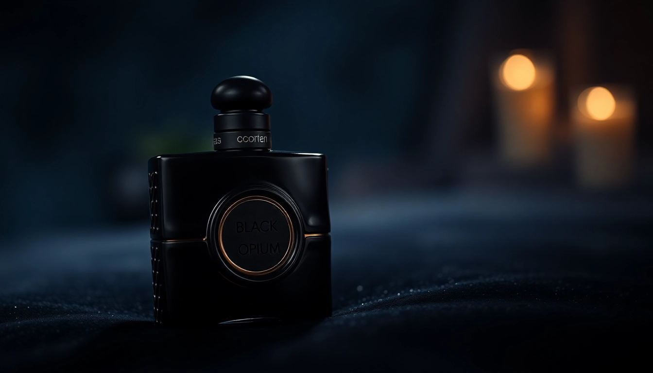 Showcase the striking black opium perfume bottle with elegant details on a velvet backdrop.