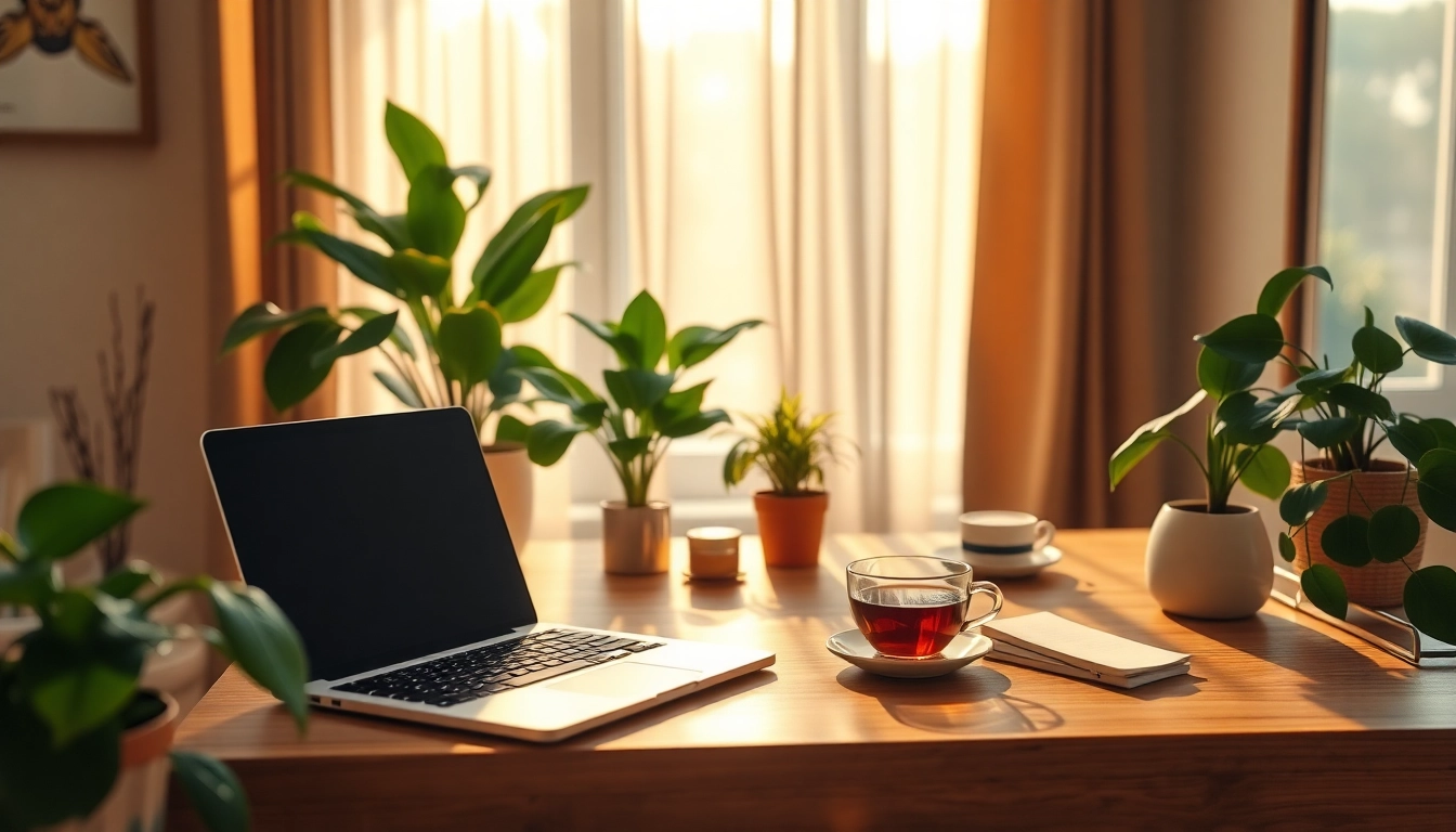 A serene workspace embodying the essence of a UK Lifestyle Blog, showcasing tea and greenery.
