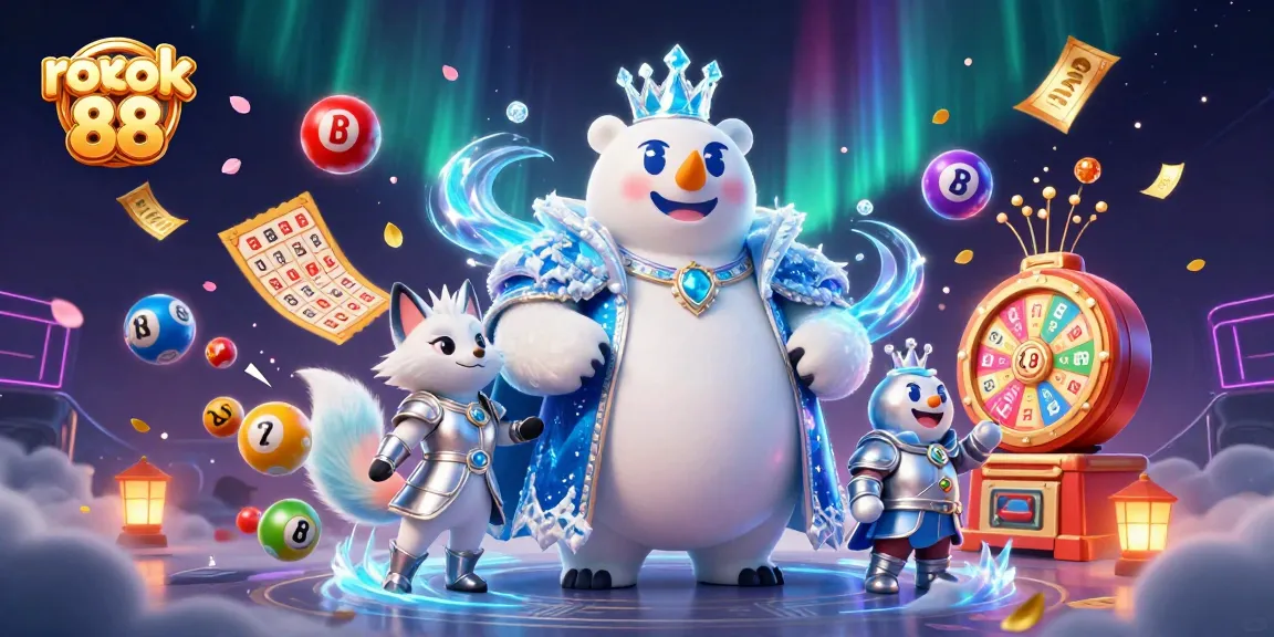 Engage with rokok 88 in a vibrant casino scene featuring dynamic lottery elements and cheerful characters.