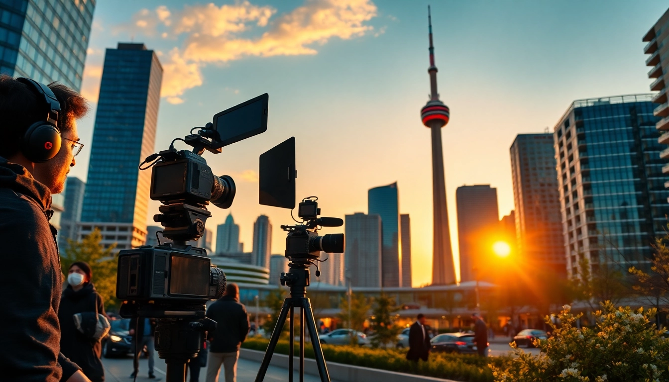 Commercial videography toronto capturing a professional videographer at work amidst the city's skyline.