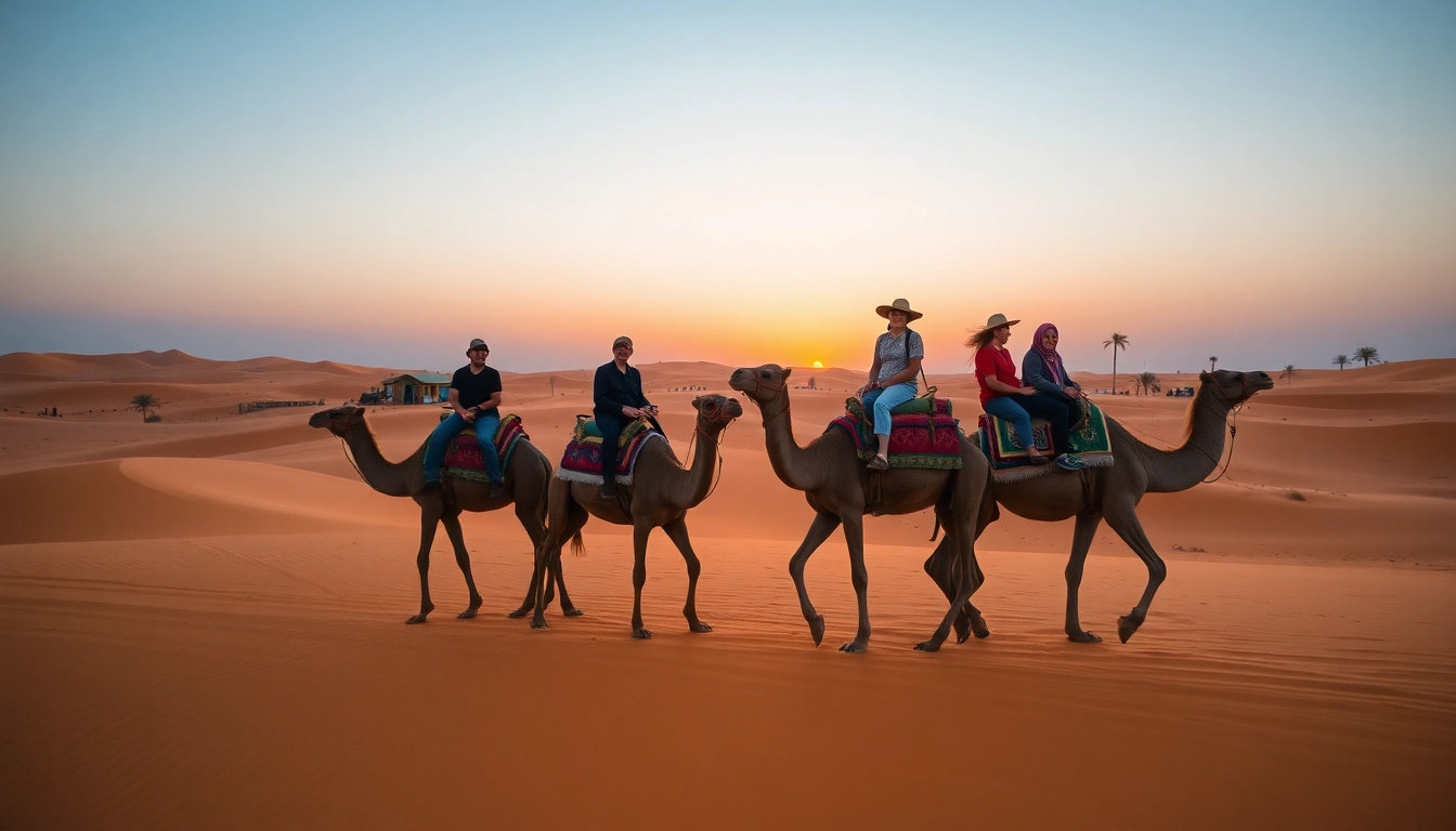Agafay Desert camel ride at sunset, showcasing travelers enjoying the serene landscape and vibrant colors.