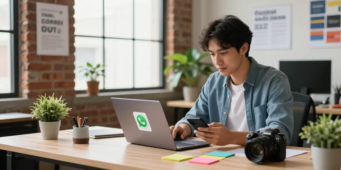 Professional downloading WhatsApp下載 on laptop in modern office setting, surrounded by tech gadgets and natural light.