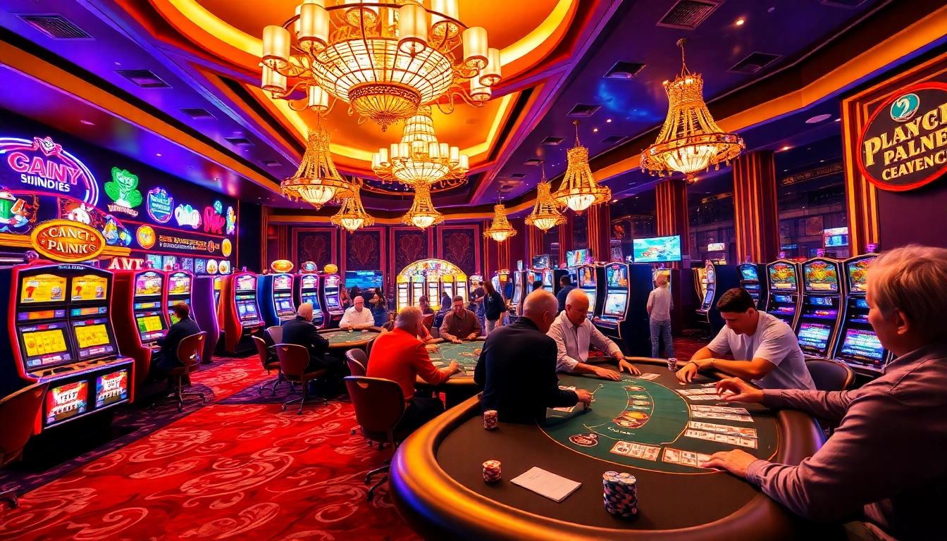 Bermain hoki77 di meja poker dengan suasana ceria dan mesin slot meriah.