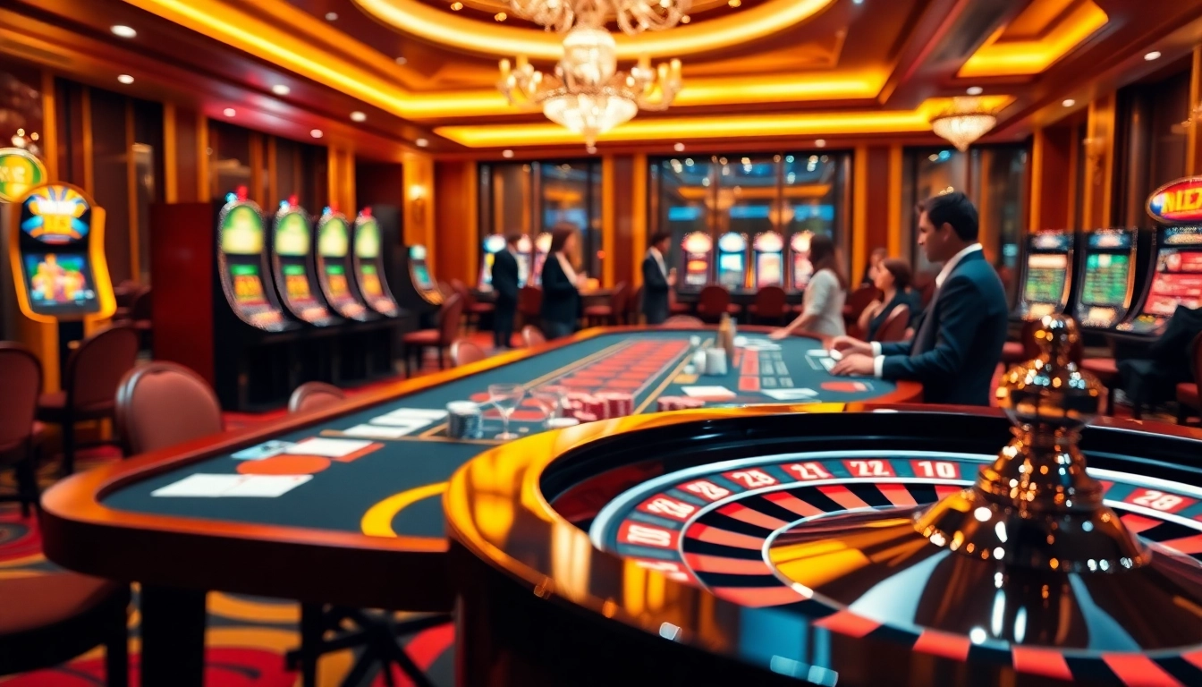 Players enjoying high-stakes action at the RR88 casino with poker and slot machines.