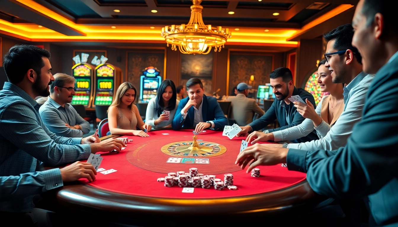 Engaged players enjoying idn poker at a vibrant casino table surrounded by excitement.