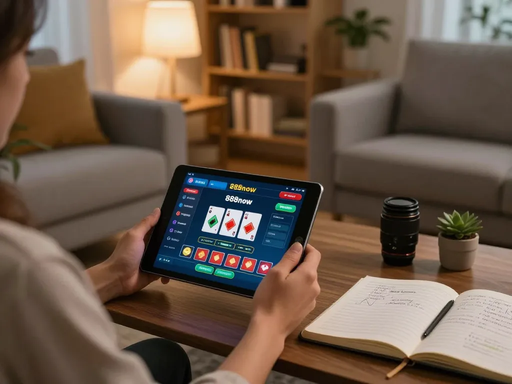 Engaging with 888now đăng nhập on a tablet during a home gaming session, surrounded by strategy notes.