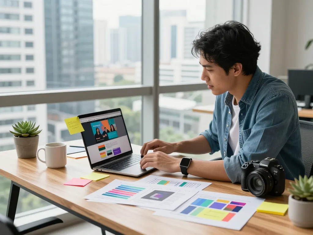 Freelance web designer Malaysia showcasing dynamic website design in bright workspace