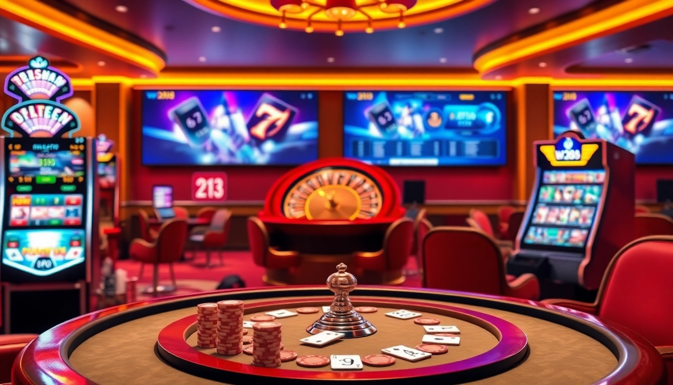 Engage with exciting gaming opportunities at w88 213 featuring a luxurious poker table and roulette wheel.