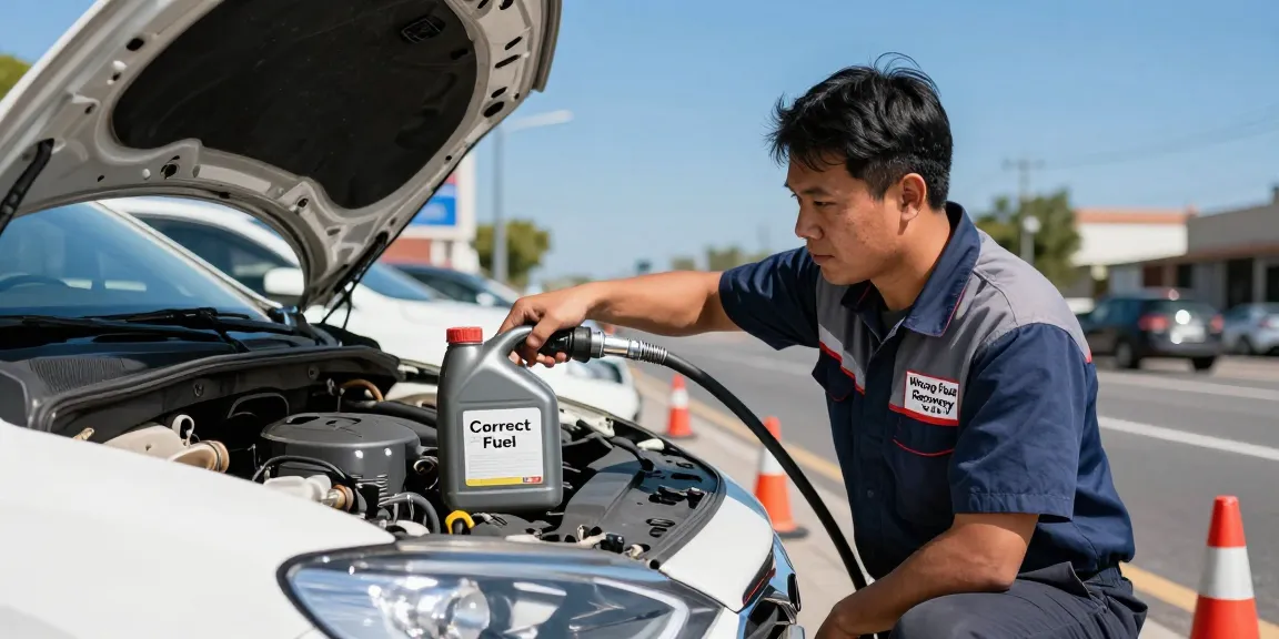 Wrong fuel in car being drained by technician at the roadside, showcasing urgent automotive recovery service.