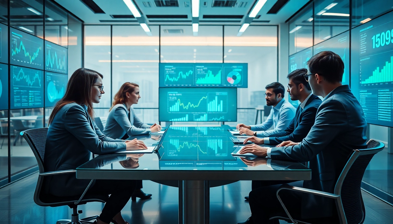 Analyze data trends using AI for competitive intelligence in a high-tech office.