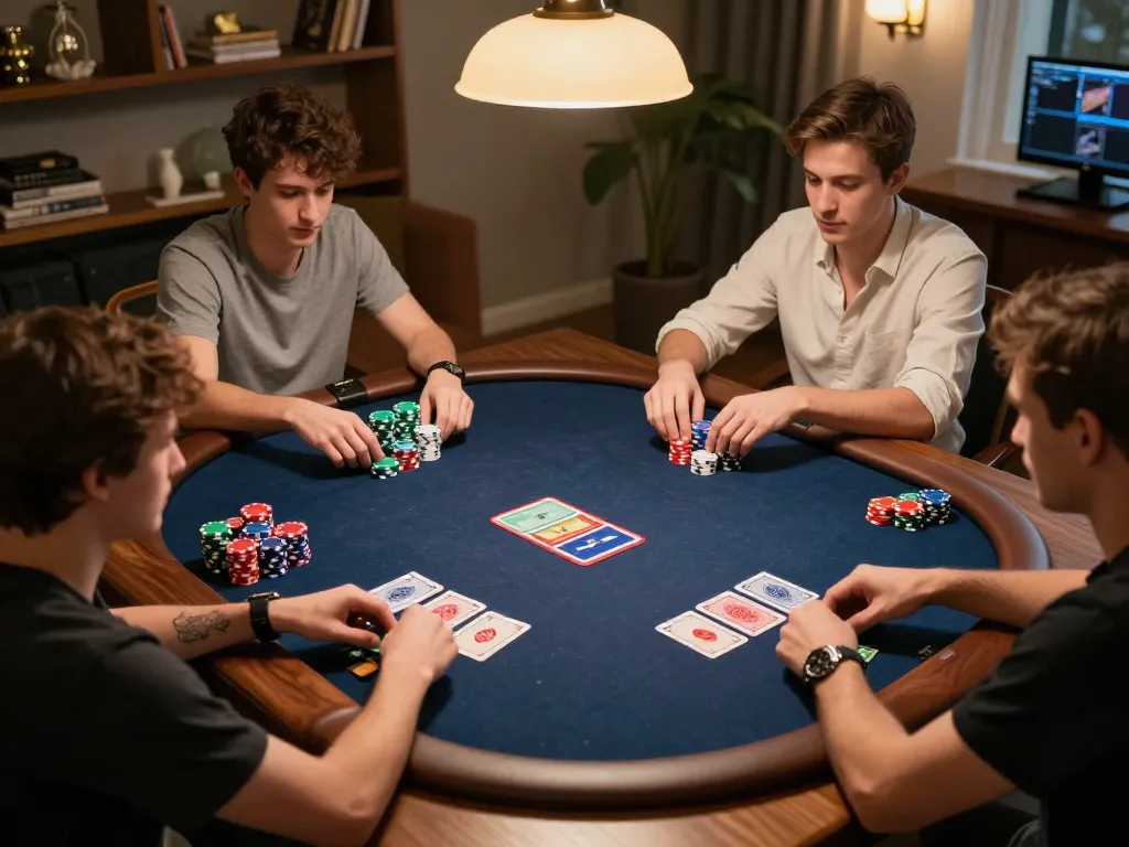 Engaged players at an online poker game, emphasized by vibrant chips, showing uu88 net's thrilling atmosphere.