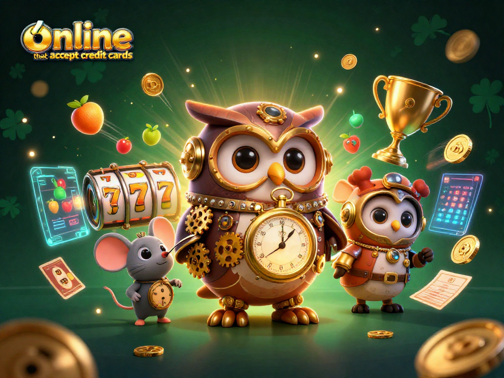 Engaging scene showcasing online casinos that accept credit cards with steampunk owl and casino elements.