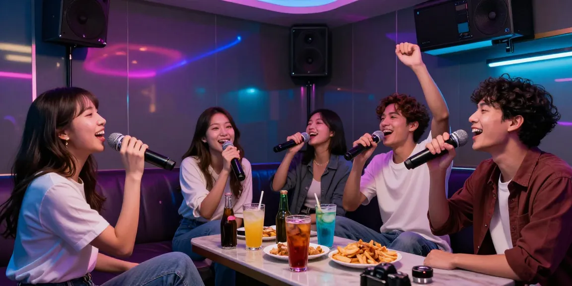강남가라오케에서 친구들과 노래를 부르는 모습, 즐거운 분위기가 가득한 프라이빗 룸