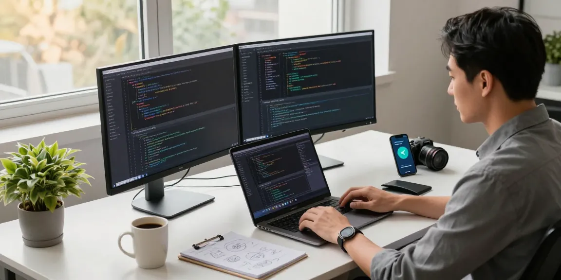 Developer coding at a sleek desk with dual monitors, emphasizing 纸飞机官网 and productivity in a tech workspace.